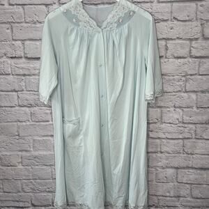 Vintage Shadowline Satin Nylon Short Sleeve Robe Size S Blue Lace Housecoat